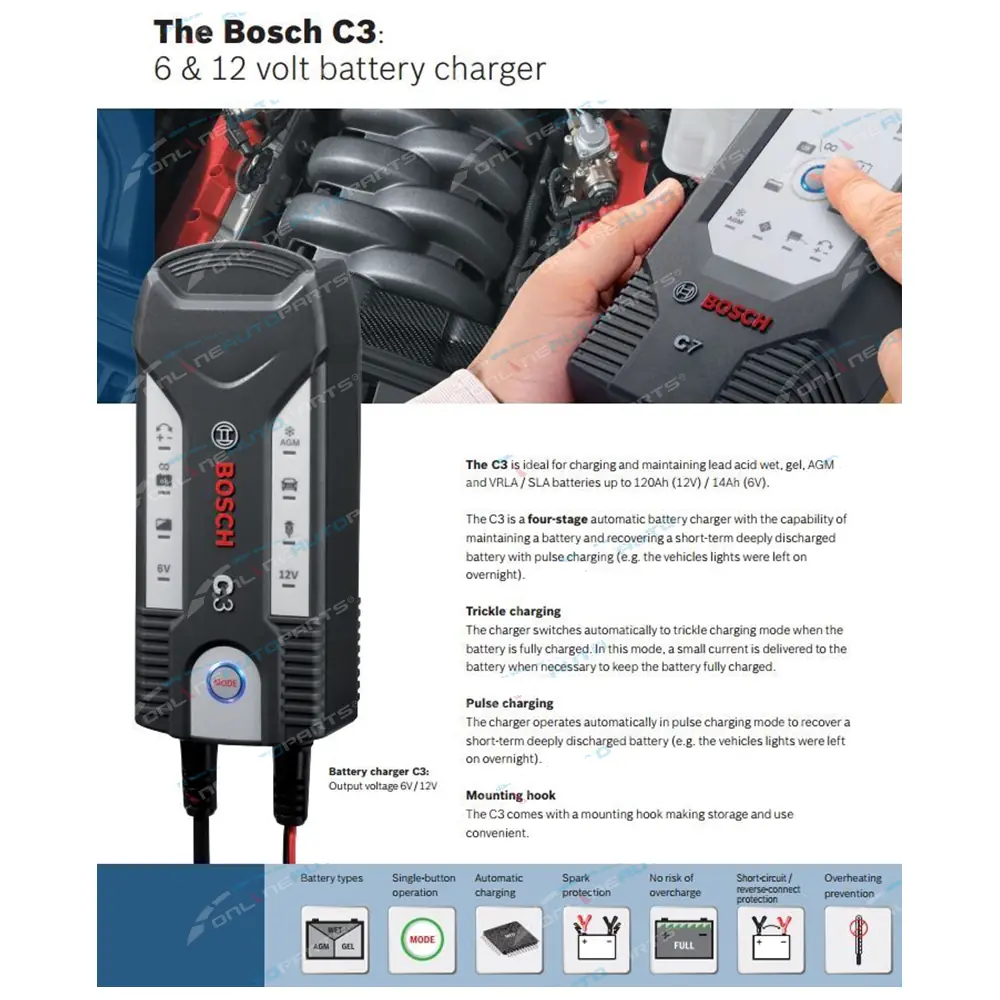 C3 | GENUINE BOSCH 3.8A Car Bike Battery Charger - 6v 12v - AGM